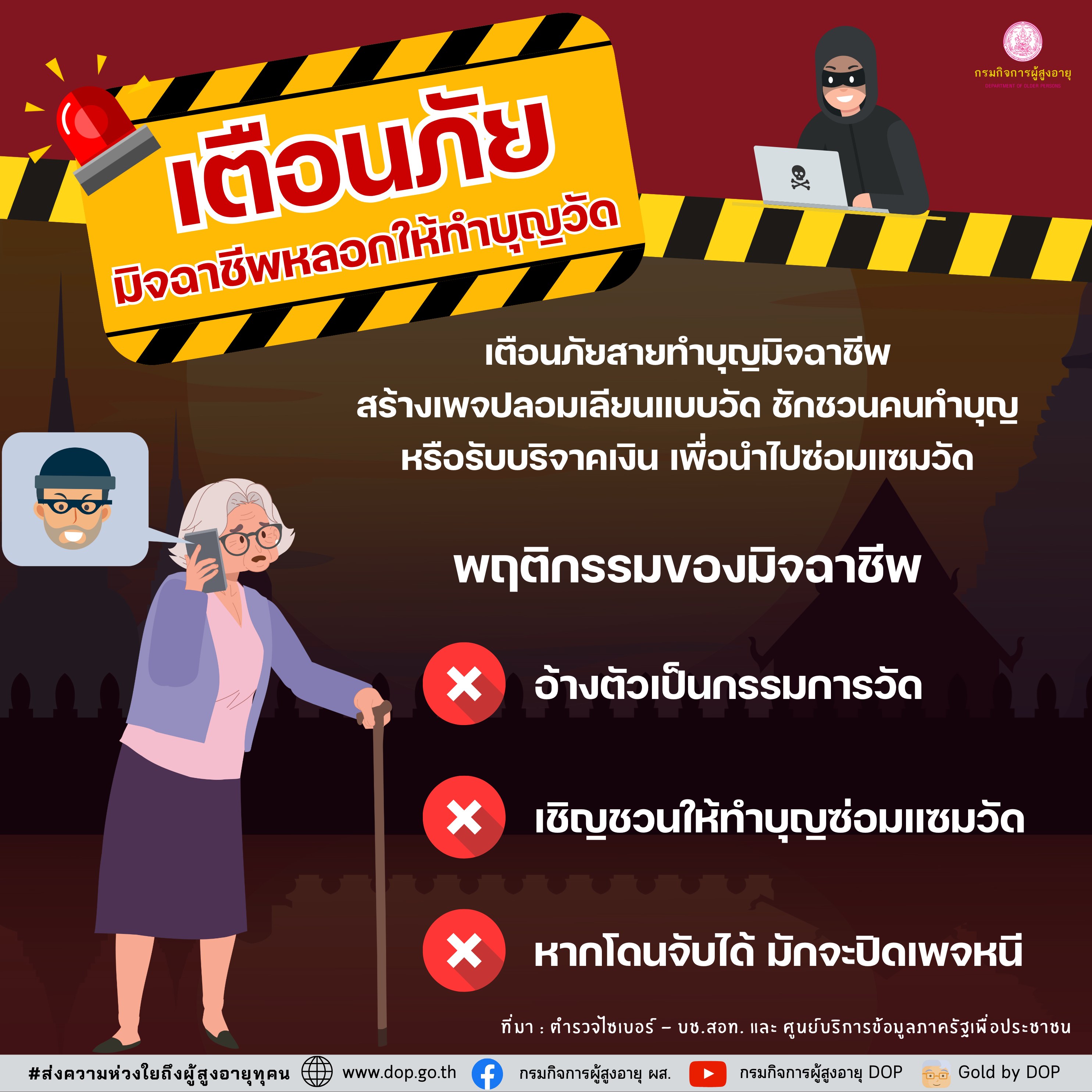 กรมกิจการผู้สูงอายุเตือนผู้สูงวัยสายทำบุญ มิจฉาชีพเล่นกับใจ หลอกคนมาทำบุญอ้างบูรณะซ่อมแซมวัด